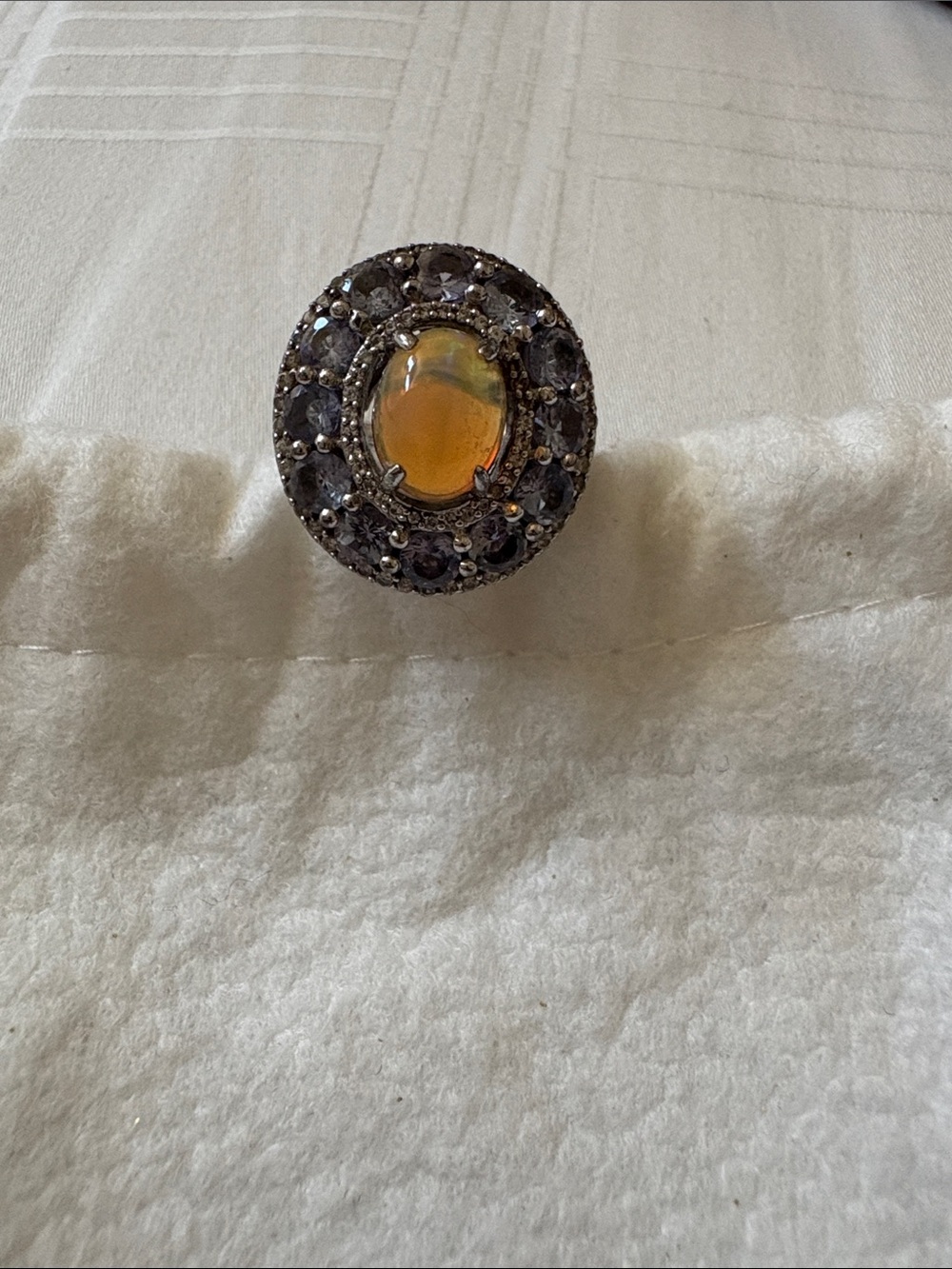 Carol Brodie Sterling Silver 925 Opal Cabochon Tanzanite Halo Ring Sz 6 Ring